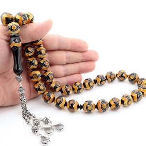 Huge amber and 925 silver inlay and 925 silver tassel Kuka tree 33 beads Islamic Prayer Beads Misbaha  504006 Tasbih Tasbeeh Tesbih  Rosary