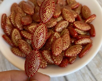 Red gold etched carved pointed oval acrylic beads 14.5mm (15)