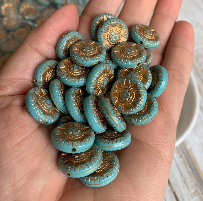 17 mm carved engraved turquoise gold acrylic star coin beads 6 image 5