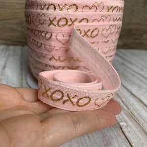 5/8 powder pink and Gold Metallic xoxo Print Fold Over Elastic, elastic by the yard, pink FOE, DIY image 5