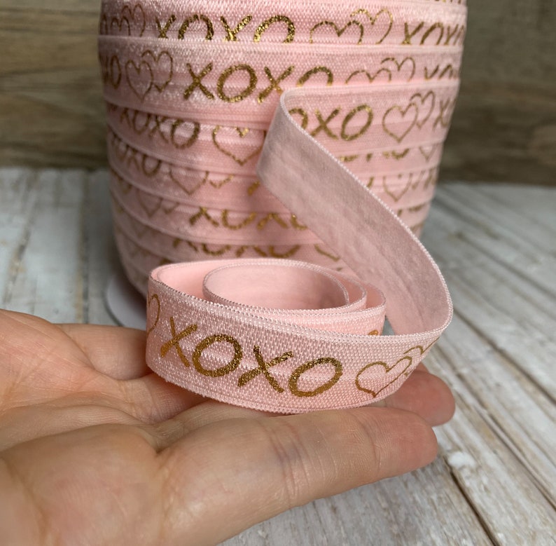 5/8 powder pink and Gold Metallic xoxo Print Fold Over Elastic, elastic by the yard, pink FOE, DIY image 5