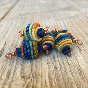 Boho Hippie Pendant Copper Wire Wrapped Bead Drop Dangle Fabric Textile Bead charm beads art beads jewelry making supplies image 6