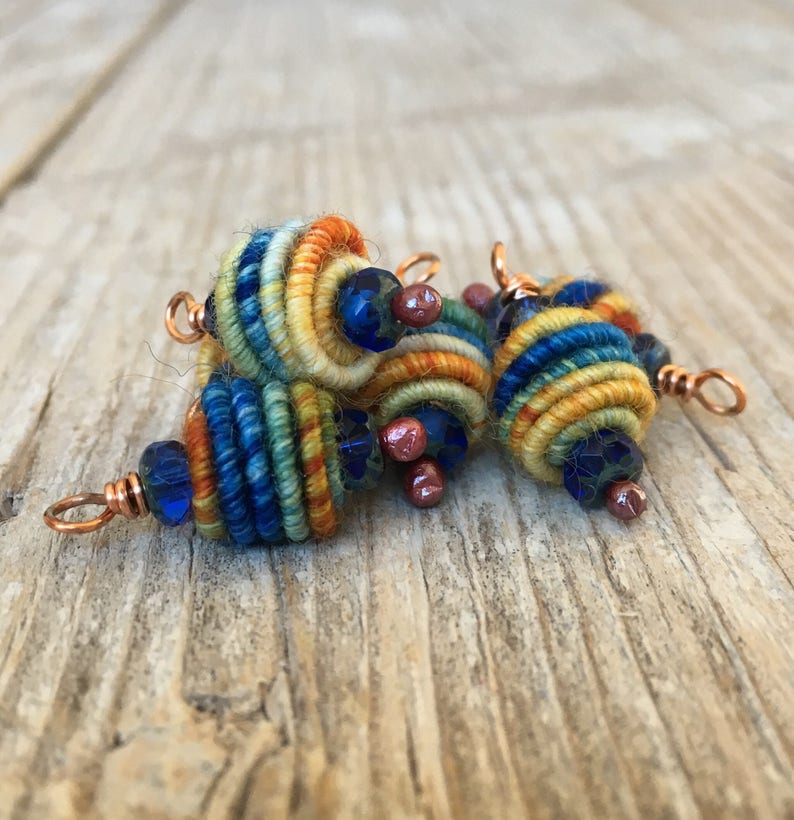 Boho Hippie Pendant Copper Wire Wrapped Bead Drop Dangle Fabric Textile Bead charm beads art beads jewelry making supplies image 6