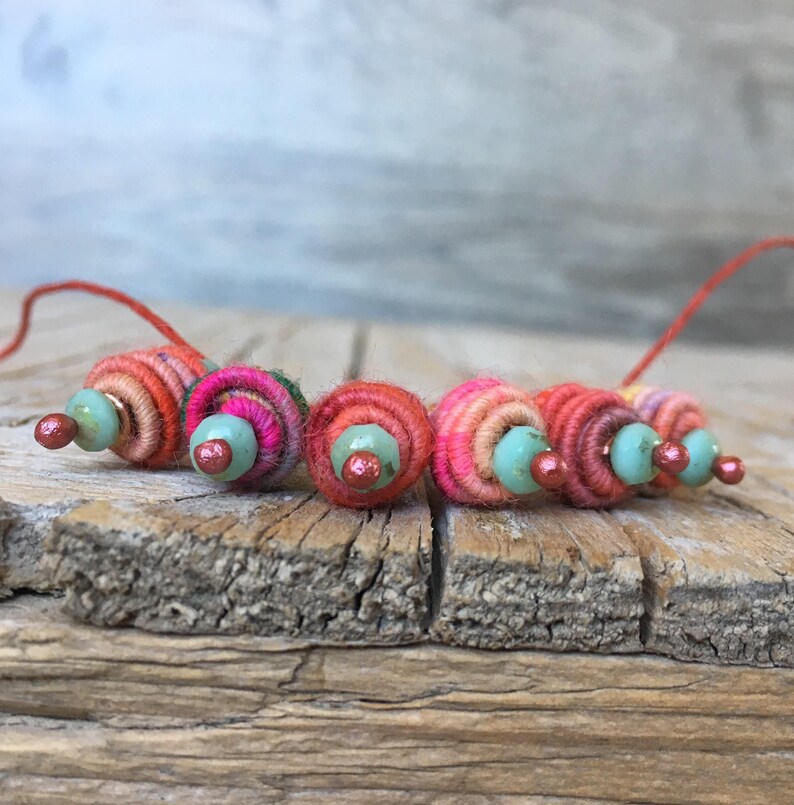 Boho Hippie Pendant Copper Wire Wrapped Bead Drop Dangle Fabric Textile Bead charm beads art beads jewelry making supplies image 4