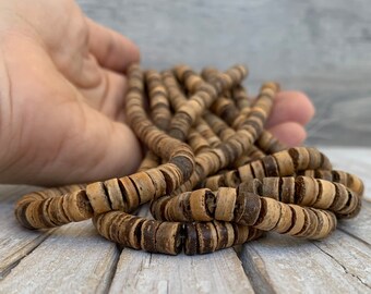 Natural wood beads, brown wooden disc beads, natural organic beads, yoga beads, coconut shell