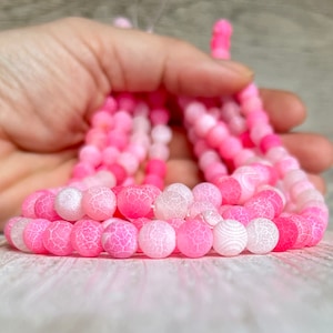 Frosted pink agate beads, round agate beads, 8mm cracked agate beads, semi precious stones, gemstone beads
