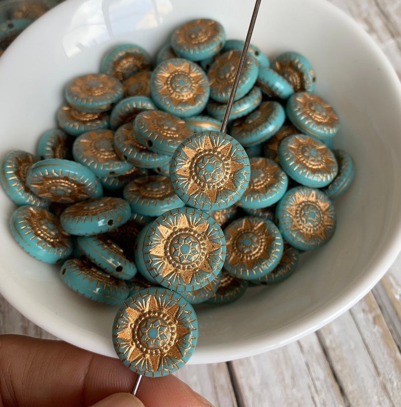 17 mm carved engraved turquoise gold acrylic star coin beads 6 image 2