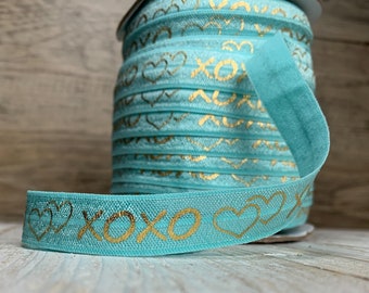 5/8” agua turquoise and Gold Metallic “xoxo” Print Fold Over Elastic, elastic by the yard, turquoise FOE, DIY