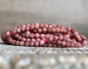 Natural Rhodochrosite 2mm Faceted Round Beads, Micro Faceted Diamond Cut Rhodochrosite Strand