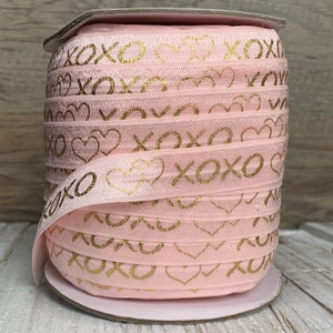 5/8 powder pink and Gold Metallic xoxo Print Fold Over Elastic, elastic by the yard, pink FOE, DIY image 2