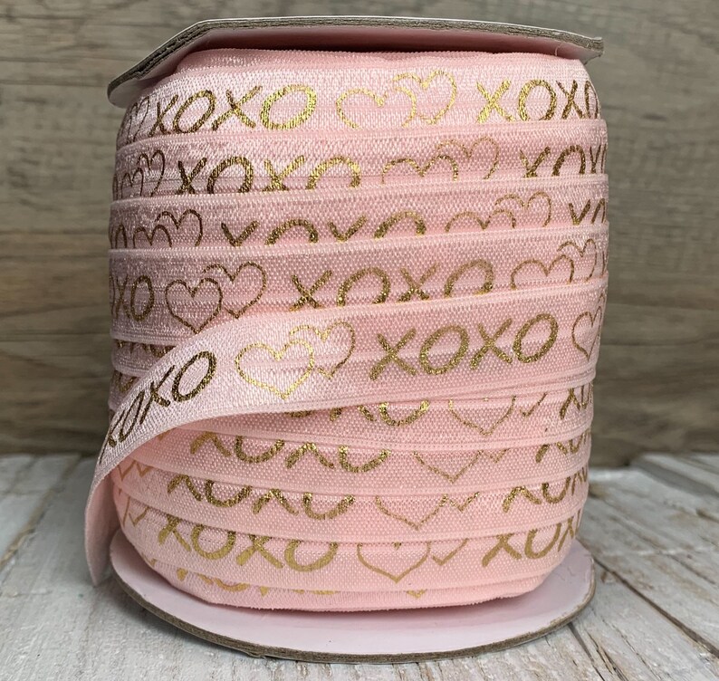 5/8 powder pink and Gold Metallic xoxo Print Fold Over Elastic, elastic by the yard, pink FOE, DIY image 2