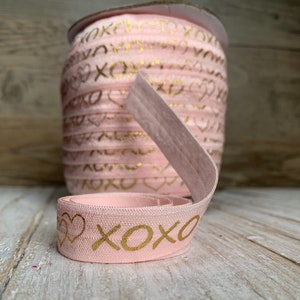 5/8 powder pink and Gold Metallic xoxo Print Fold Over Elastic, elastic by the yard, pink FOE, DIY image 3