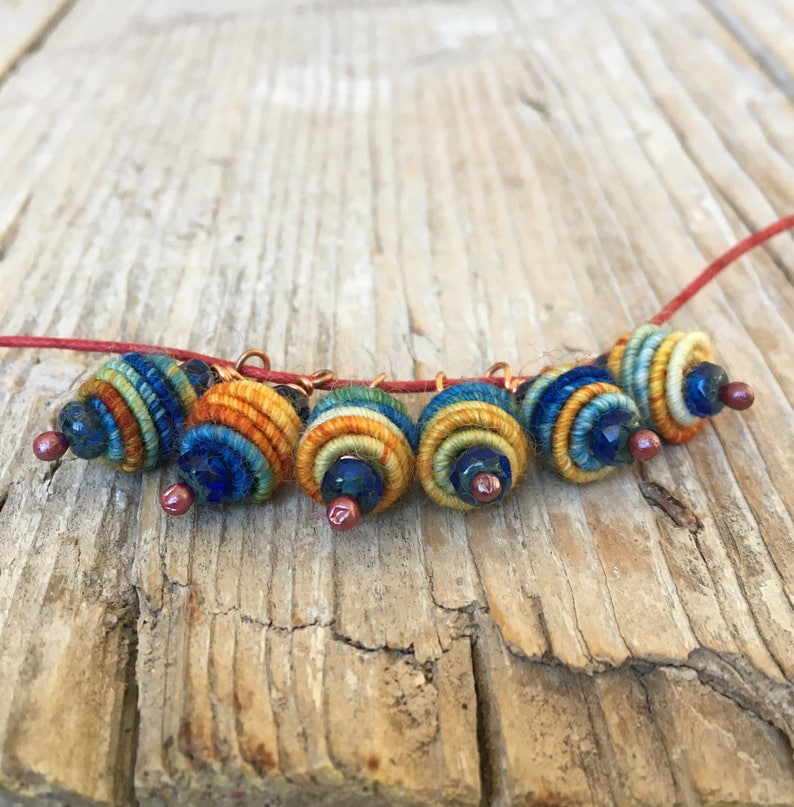Boho Hippie Pendant Copper Wire Wrapped Bead Drop Dangle Fabric Textile Bead charm beads art beads jewelry making supplies image 5