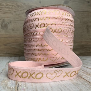 5/8 powder pink and Gold Metallic xoxo Print Fold Over Elastic, elastic by the yard, pink FOE, DIY image 1