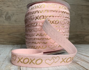 5/8” powder pink and Gold Metallic “xoxo” Print Fold Over Elastic, elastic by the yard, pink FOE, DIY