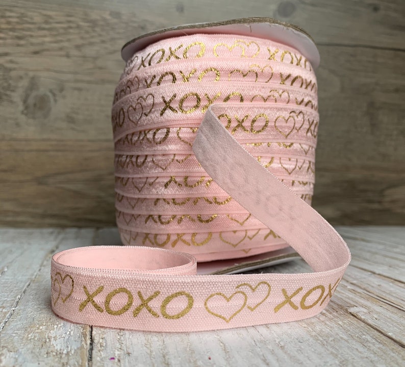 5/8 powder pink and Gold Metallic xoxo Print Fold Over Elastic, elastic by the yard, pink FOE, DIY image 1