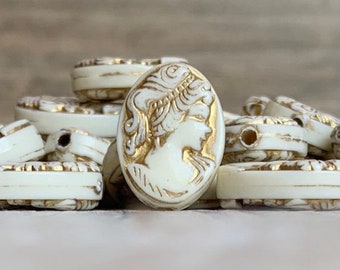 Ivory Gold Carved Oval Acrylic Cameo Beads, 18mm (8)