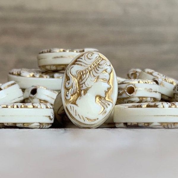 Ivory Gold Carved Oval Acrylic Cameo Beads, 18mm (8)
