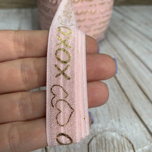 5/8 powder pink and Gold Metallic xoxo Print Fold Over Elastic, elastic by the yard, pink FOE, DIY image 7