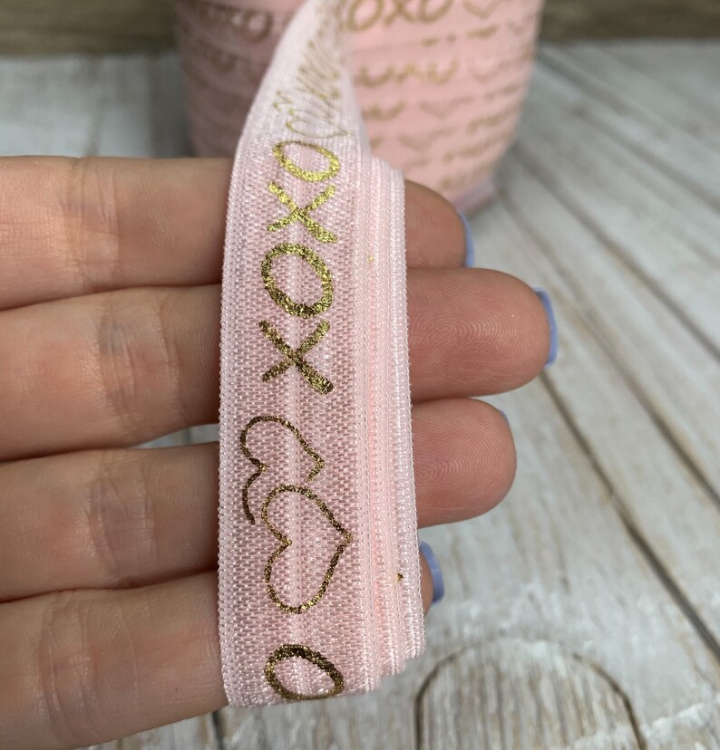 5/8 powder pink and Gold Metallic xoxo Print Fold Over Elastic, elastic by the yard, pink FOE, DIY image 7