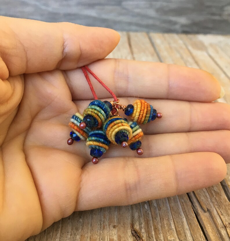 Boho Hippie Pendant Copper Wire Wrapped Bead Drop Dangle Fabric Textile Bead charm beads art beads jewelry making supplies image 10