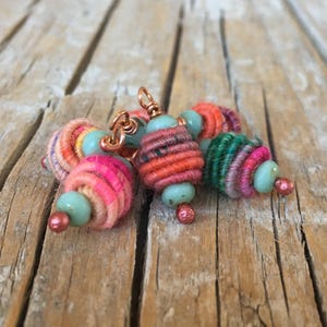 Boho Hippie Pendant Copper Wire Wrapped Bead Drop Dangle Fabric Textile Bead charm beads art beads jewelry making supplies image 9