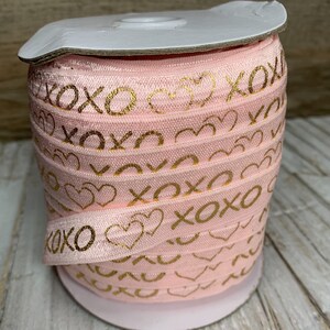 5/8 powder pink and Gold Metallic xoxo Print Fold Over Elastic, elastic by the yard, pink FOE, DIY image 4