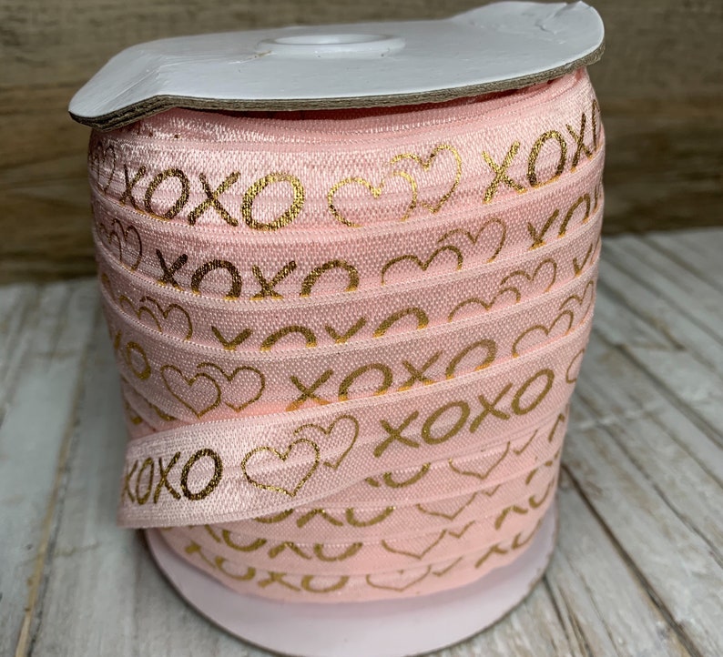 5/8 powder pink and Gold Metallic xoxo Print Fold Over Elastic, elastic by the yard, pink FOE, DIY image 4