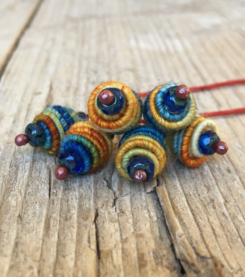 Boho Hippie Pendant Copper Wire Wrapped Bead Drop Dangle Fabric Textile Bead charm beads art beads jewelry making supplies image 4