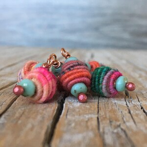 Boho Hippie Pendant Copper Wire Wrapped Bead Drop Dangle Fabric Textile Bead charm beads art beads jewelry making supplies image 7