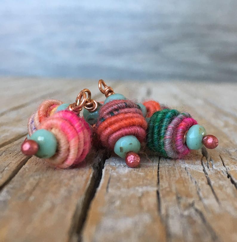 Boho Hippie Pendant Copper Wire Wrapped Bead Drop Dangle Fabric Textile Bead charm beads art beads jewelry making supplies image 7