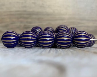 Acrylic Beads with Royal Blue Gold Plating, Round Corrugated Blue Beads, 14mm (10)