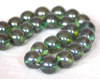 Czech round glass beads - 12mm green luster druk Czech glass beads