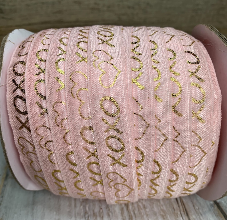 5/8 powder pink and Gold Metallic xoxo Print Fold Over Elastic, elastic by the yard, pink FOE, DIY image 6