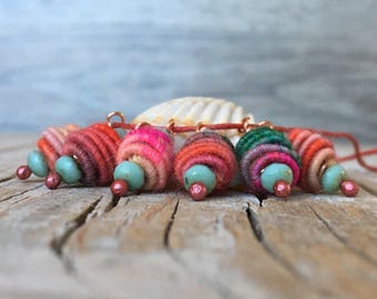 Boho Hippie - Pendant - Copper Wire Wrapped Bead Drop Dangle - Fabric Textile Bead - charm beads - art beads - jewelry making supplies