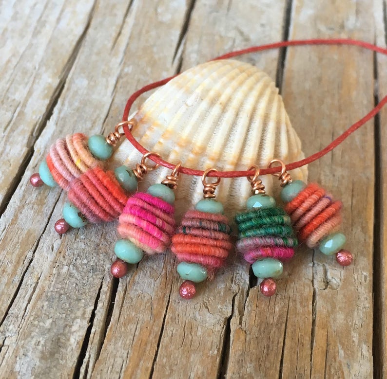 Boho Hippie Pendant Copper Wire Wrapped Bead Drop Dangle Fabric Textile Bead charm beads art beads jewelry making supplies image 5