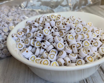White acrylic Gold heart striated beads, gold heart 7mm (40)