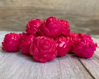 Large round thick round hot pink acrylic acrylic rose flower beads 24 mm (2)