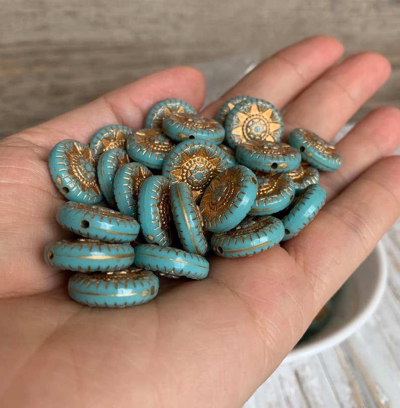 17 mm carved engraved turquoise gold acrylic star coin beads 6 image 7