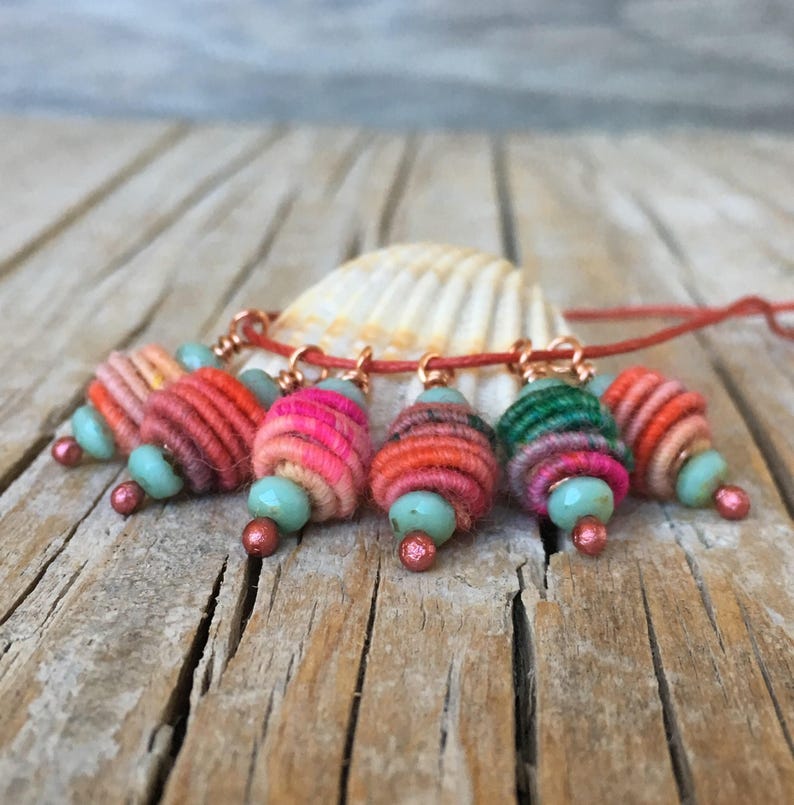 Boho Hippie Pendant Copper Wire Wrapped Bead Drop Dangle Fabric Textile Bead charm beads art beads jewelry making supplies image 3