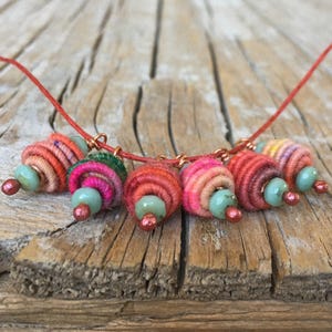 Boho Hippie Pendant Copper Wire Wrapped Bead Drop Dangle Fabric Textile Bead charm beads art beads jewelry making supplies image 6