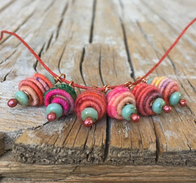 Boho Hippie Pendant Copper Wire Wrapped Bead Drop Dangle Fabric Textile Bead charm beads art beads jewelry making supplies image 6