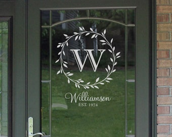 Personalized Monogram Glass Storm Door Decal - Wreath - Front Door Decal - Family Monogram - Personalized Door Decal - Front Door Monogram