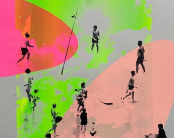 May include: A colorful abstract print with a beach scene featuring people in black silhouettes. The print has a green, pink, and orange background with the text "Biarritz" and "C. Bruno Dupont" in black.