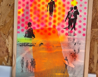 May include: Framed art print featuring a vibrant, abstract design. The artwork showcases silhouetted figures against a backdrop of neon pink, orange, and yellow hues. The print is encased in a natural wood frame, adding a touch of warmth to the modern aesthetic.