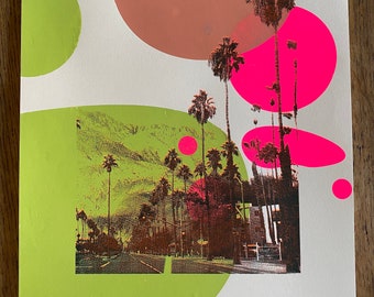 May include: A colorful abstract print with a green, pink, and brown color scheme. The print features a scene of palm trees and a road in Palm Springs, California. The text "Palm Springs" and "C. Braniac Dupont" are handwritten in black ink at the bottom of the print.
