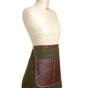 Waxed canvas and leather half apron in Olive & Tan - gardening, barista, bar