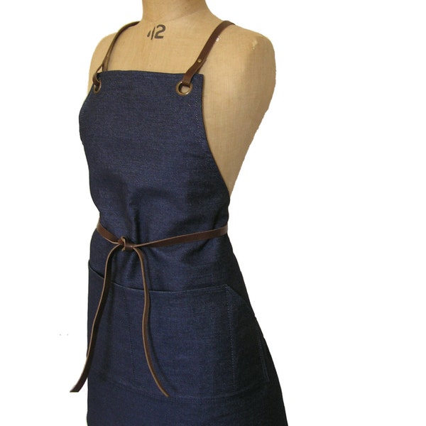 Denim apron with detachable leather waist and neck straps