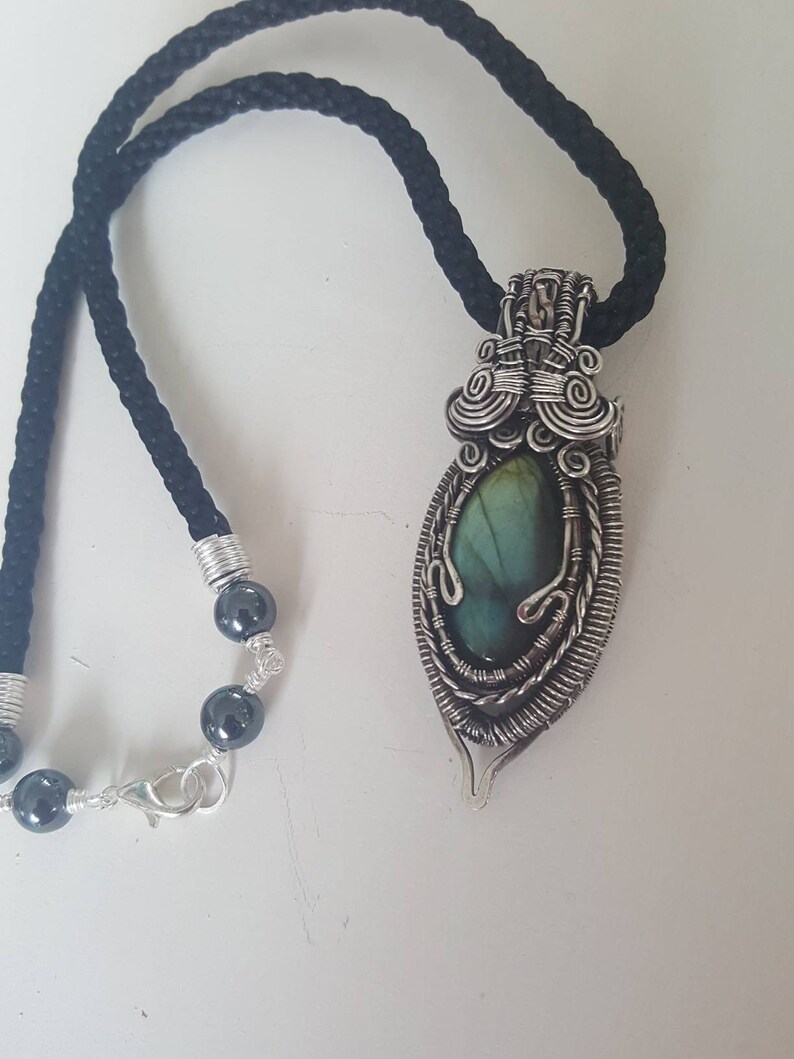 Wire wrapped labradorite pendant statement necklace with healing haematite beads Energy cleansing and charging pendant