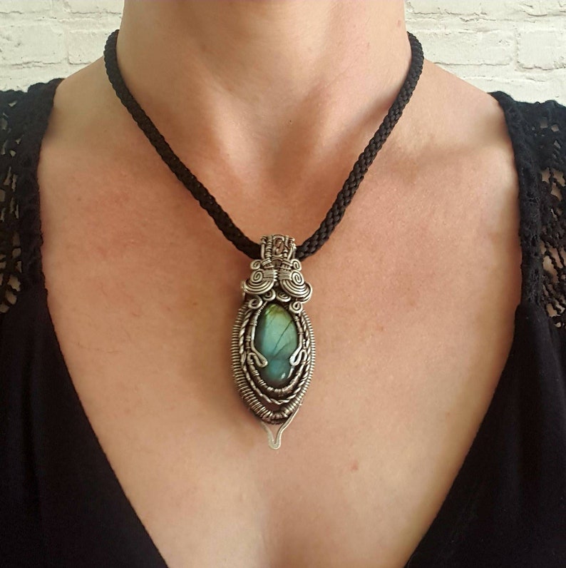 Wire wrapped labradorite pendant statement necklace with healing haematite beads Energy cleansing and charging pendant